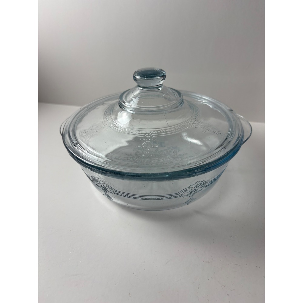 Fire‎ King Philbe Sapphire Blue Glass Casserole Dish with Lid Embossed Filigree
